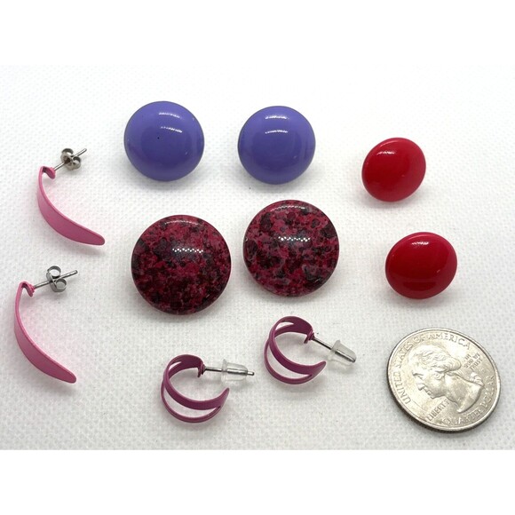 Vintage Lot of 5 Pairs Pink Purple Button Stud Hoop Pierced Earrings 80s 90s - Picture 2 of 10